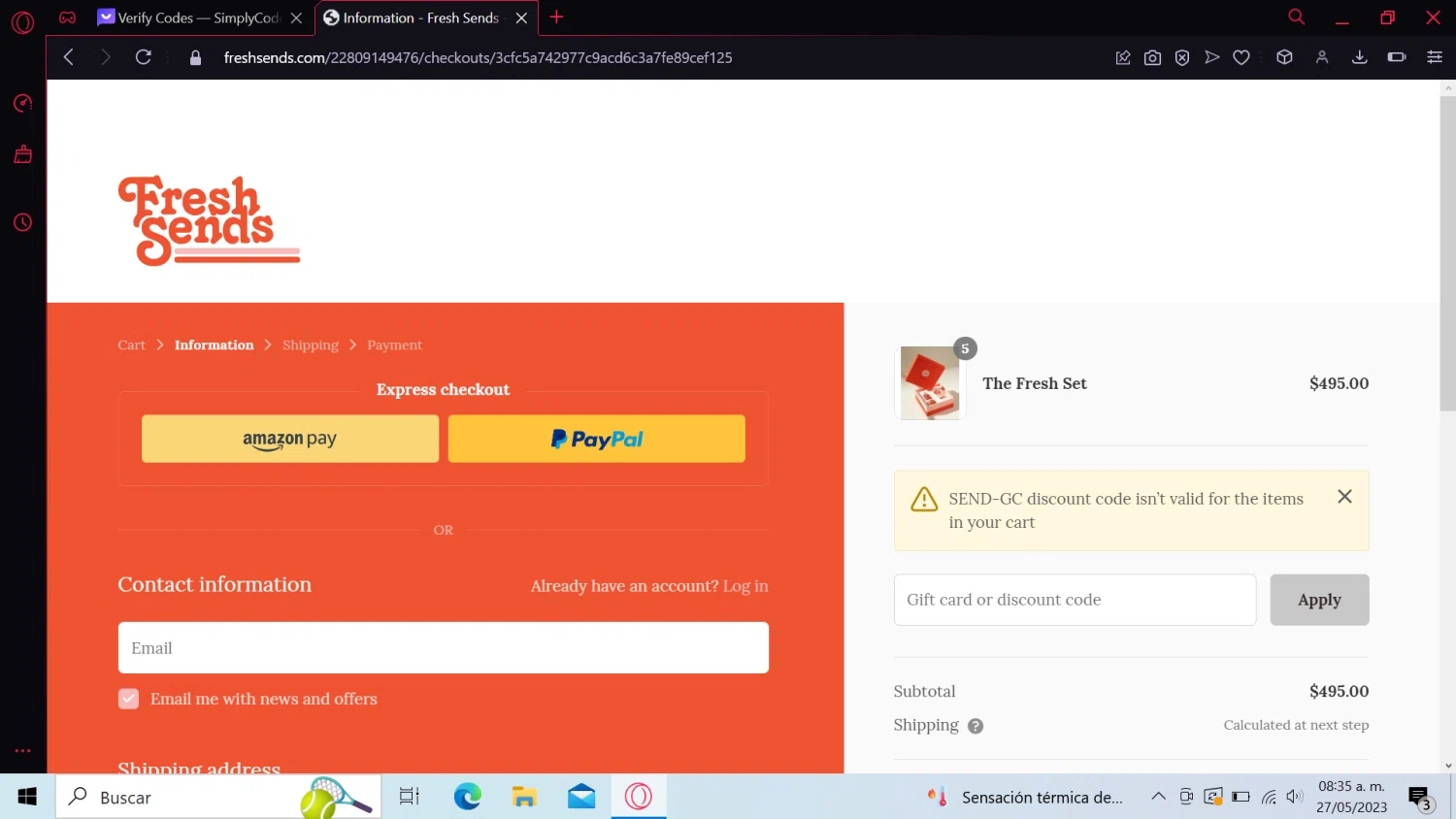 Fresh Sends checkout page showing Fresh Sends discount code box | Screenshot taken by SimplyCodes community member on May 27, 2023