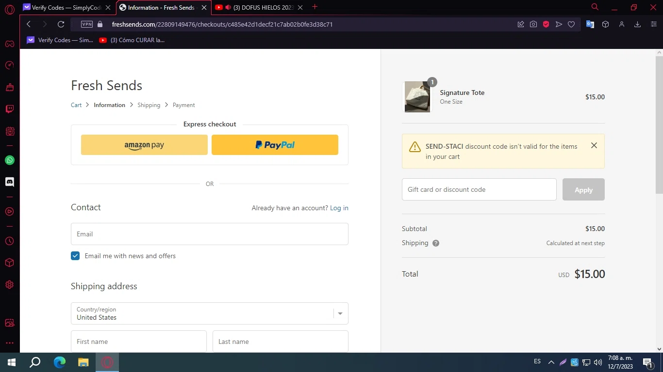Fresh Sends checkout page showing Fresh Sends discount code box | Screenshot taken by SimplyCodes community member on Jul 12, 2023