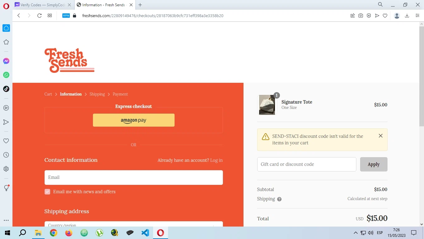 Fresh Sends checkout page showing Fresh Sends discount code box | Screenshot taken by SimplyCodes community member on May 15, 2023