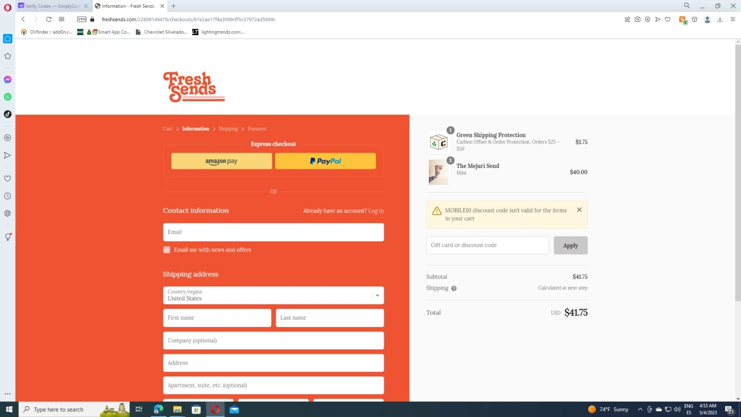 Fresh Sends checkout page showing Fresh Sends discount code box | Screenshot taken by SimplyCodes community member on May 4, 2023