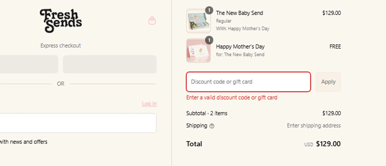 Fresh Sends discount code screenshot showing code ACUMENROSE applied at Fresh Sends checkout page. Uploaded by SimplyCodes community member CouponLion324 on Jun 27, 2025