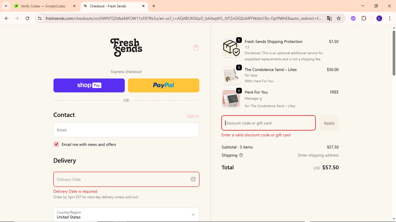 Fresh Sends discount code screenshot showing code ACUMENROSE applied at Fresh Sends checkout page. Uploaded by SimplyCodes community member EpicWarden3081 on Jan 9, 2026