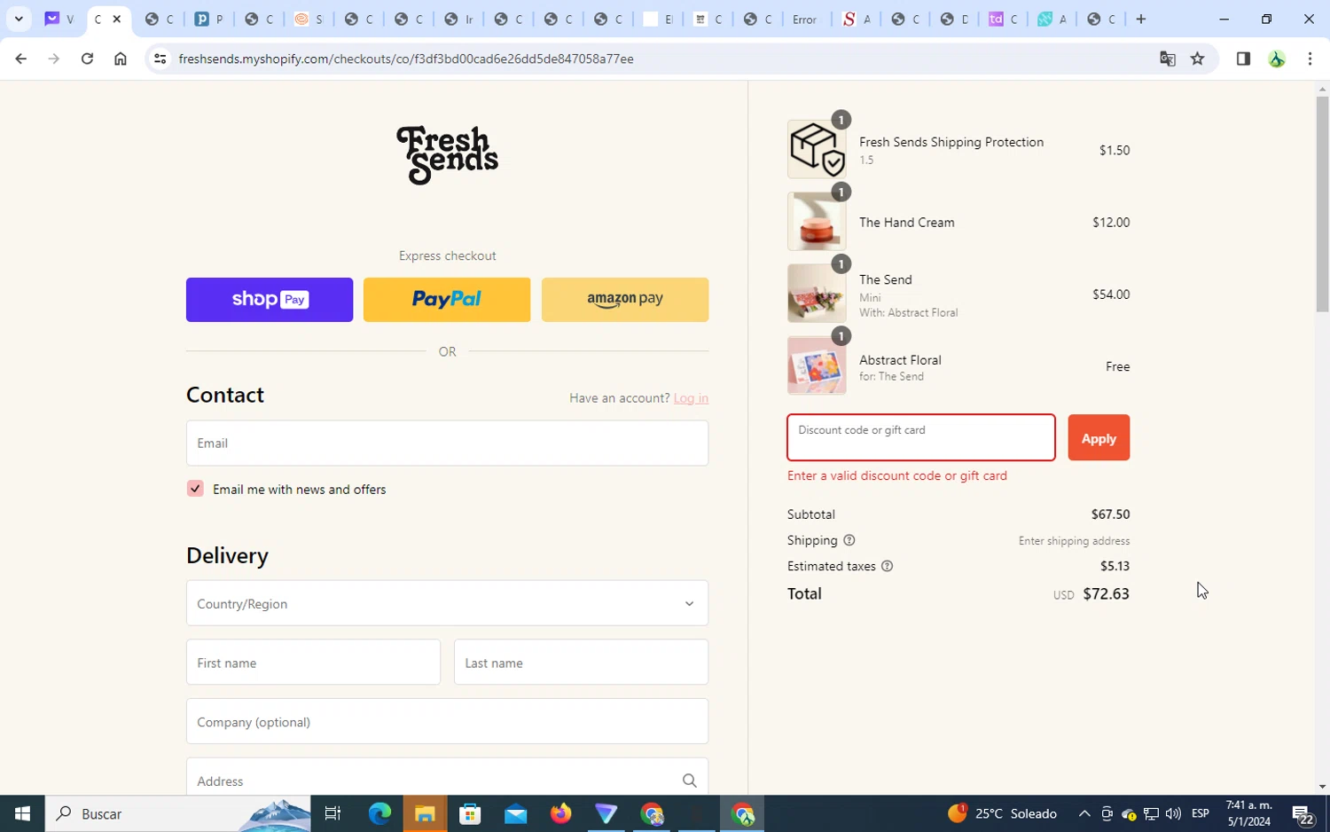 Fresh Sends checkout page showing Fresh Sends discount code box | Screenshot taken by SimplyCodes community member on Jan 5, 2024