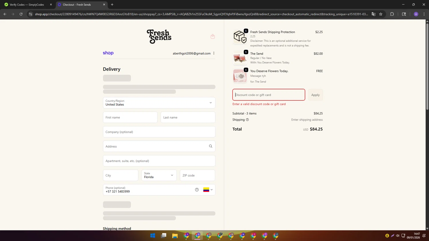 Fresh Sends discount code screenshot showing code WELCOME5 applied at Fresh Sends checkout page. Uploaded by SimplyCodes community member SAKURA on Jan 9, 2026