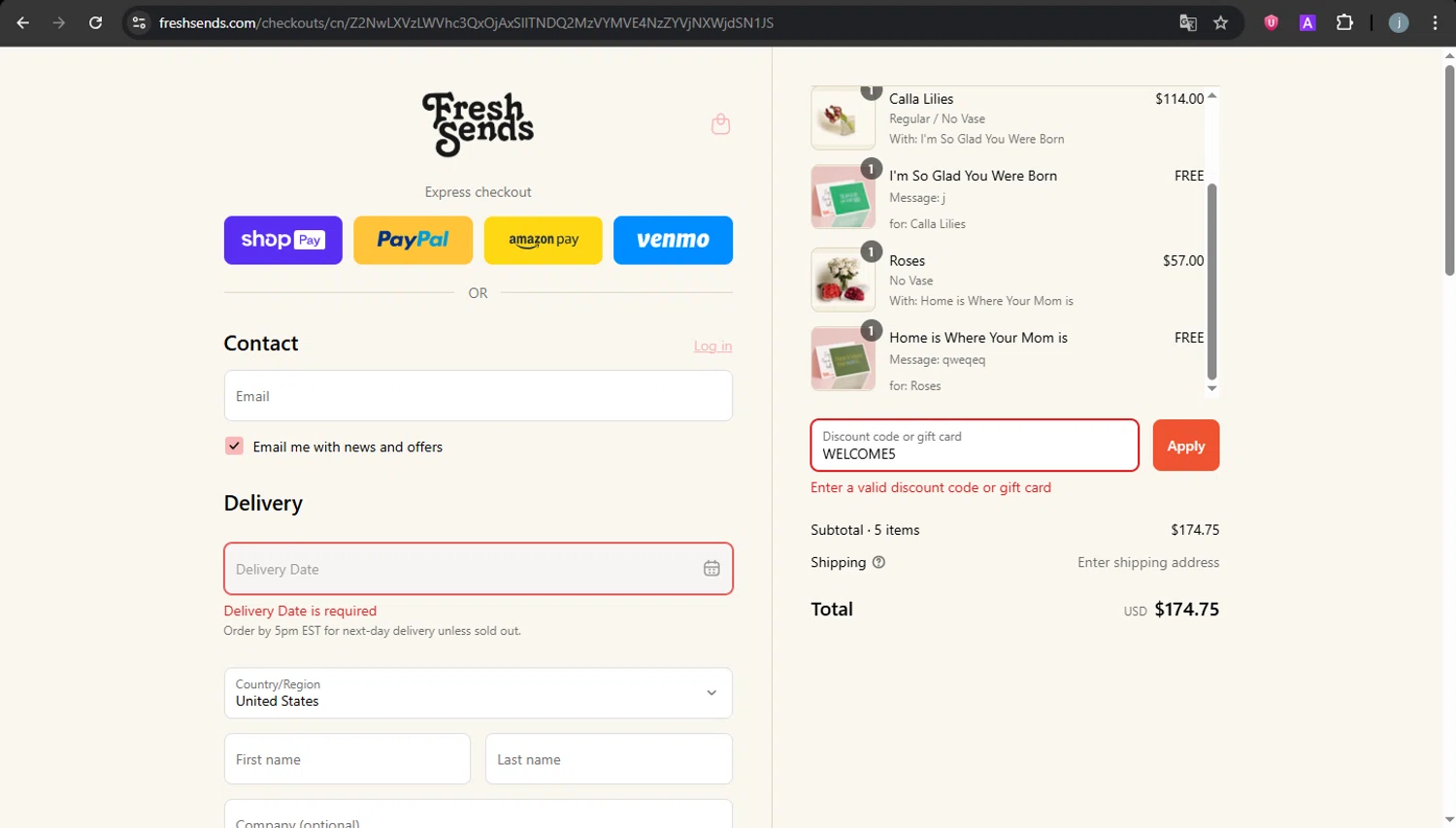 Fresh Sends discount code screenshot showing code WELCOME5 applied at Fresh Sends checkout page. Uploaded by SimplyCodes community member VictoriousCurator5776 on Jun 27, 2025