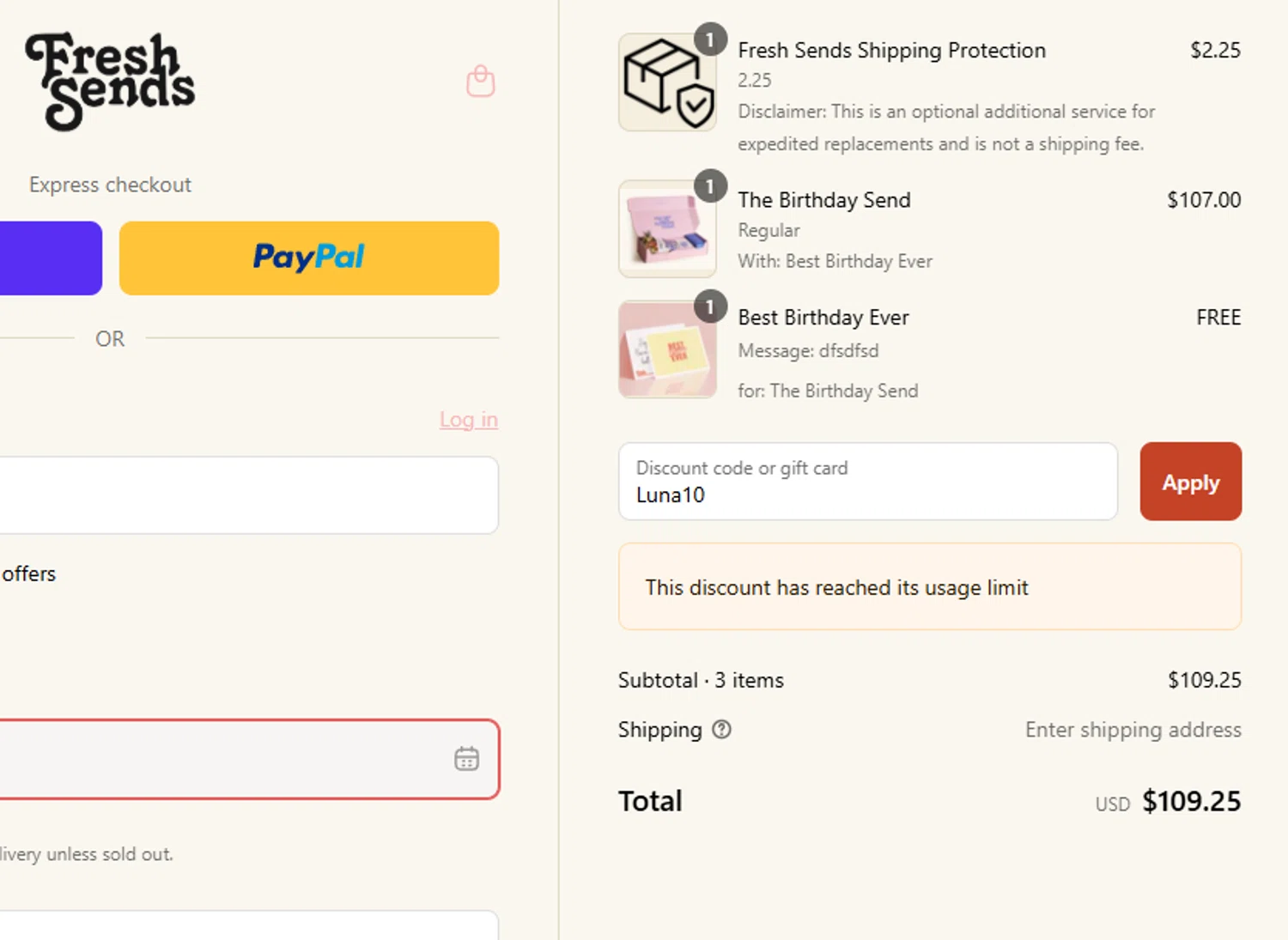 Fresh Sends discount code screenshot showing code Luna10 applied at Fresh Sends checkout page. Uploaded by SimplyCodes community member Dejadepicharme on Jun 27, 2025