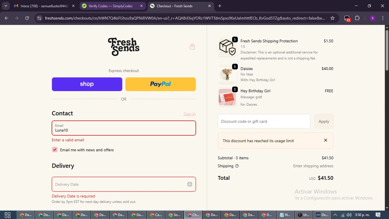 Fresh Sends discount code screenshot showing code Luna10 applied at Fresh Sends checkout page. Uploaded by SimplyCodes community member ShieldWarden7838 on Jan 9, 2026