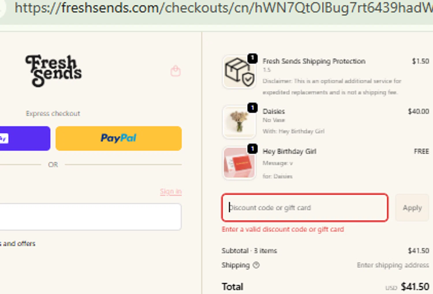 Fresh Sends discount code screenshot showing code GIFTEE applied at Fresh Sends checkout page. Uploaded by SimplyCodes community member RewardFinder4836 on Jan 10, 2026
