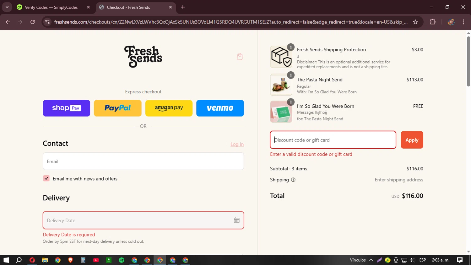 Fresh Sends discount code screenshot showing code GIFTEE applied at Fresh Sends checkout page. Uploaded by SimplyCodes community member BudgetHunter9184 on Mar 8, 2025