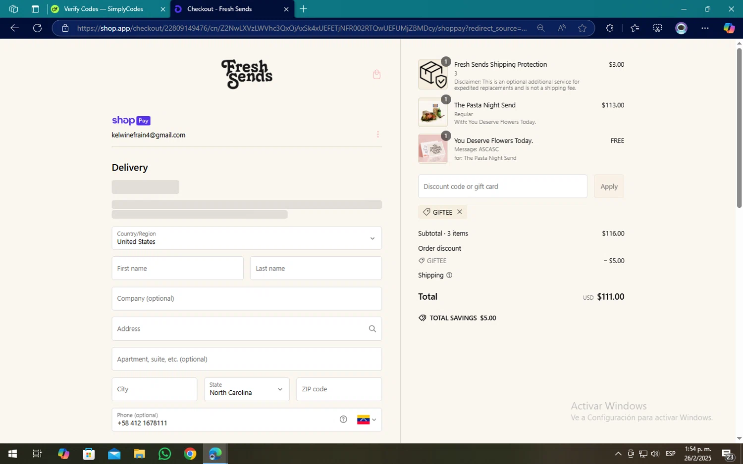 Fresh Sends checkout page showing Fresh Sends discount code box | Screenshot taken by SimplyCodes community member on Feb 26, 2025