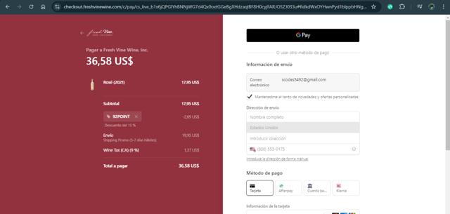 Fresh Vine Wine checkout page showing Fresh Vine Wine promo code box | Screenshot taken by SimplyCodes community member on Sep 5, 2024