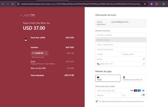 Fresh Vine Wine checkout page showing Fresh Vine Wine promo code box | Screenshot taken by SimplyCodes community member on Sep 7, 2024