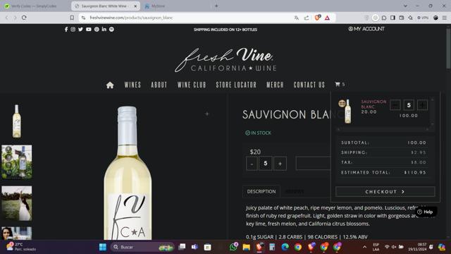 Fresh Vine Wine checkout page showing Fresh Vine Wine promo code box | Screenshot taken by SimplyCodes community member on Nov 19, 2024