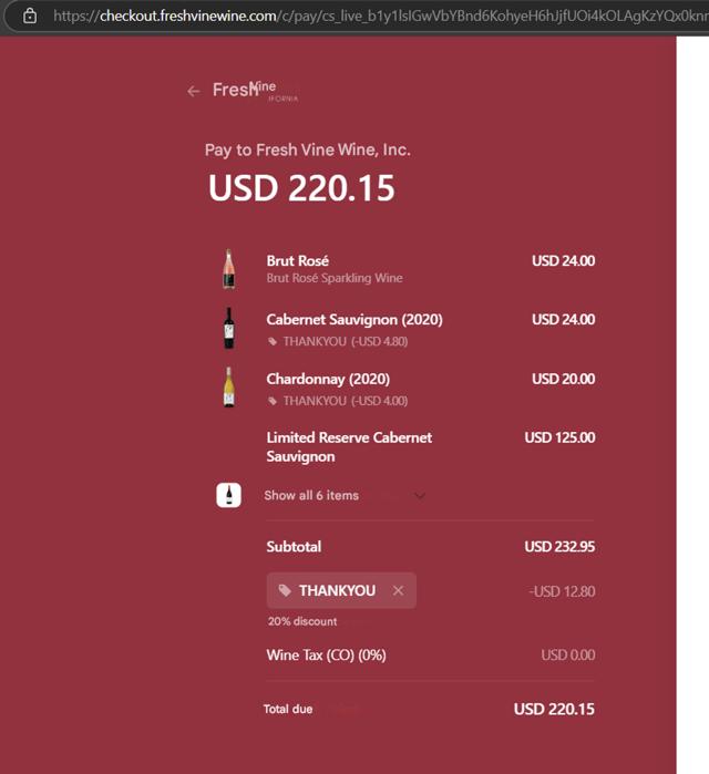Fresh Vine Wine checkout page showing Fresh Vine Wine promo code box | Screenshot taken by SimplyCodes community member on May 10, 2025