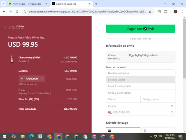 Fresh Vine Wine checkout page showing Fresh Vine Wine promo code box | Screenshot taken by SimplyCodes community member on Nov 19, 2024
