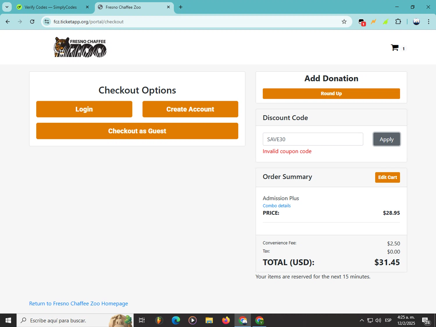 Fresno Chaffee Zoo discount code screenshot showing code SAVE30 applied at Fresno Chaffee Zoo checkout page. Uploaded by SimplyCodes community member Soyvictor on Feb 12, 2025