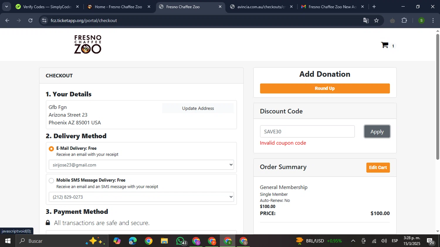Fresno Chaffee Zoo discount code screenshot showing code SAVE30 applied at Fresno Chaffee Zoo checkout page. Uploaded by SimplyCodes community member RewardMaverick445 on Mar 15, 2025