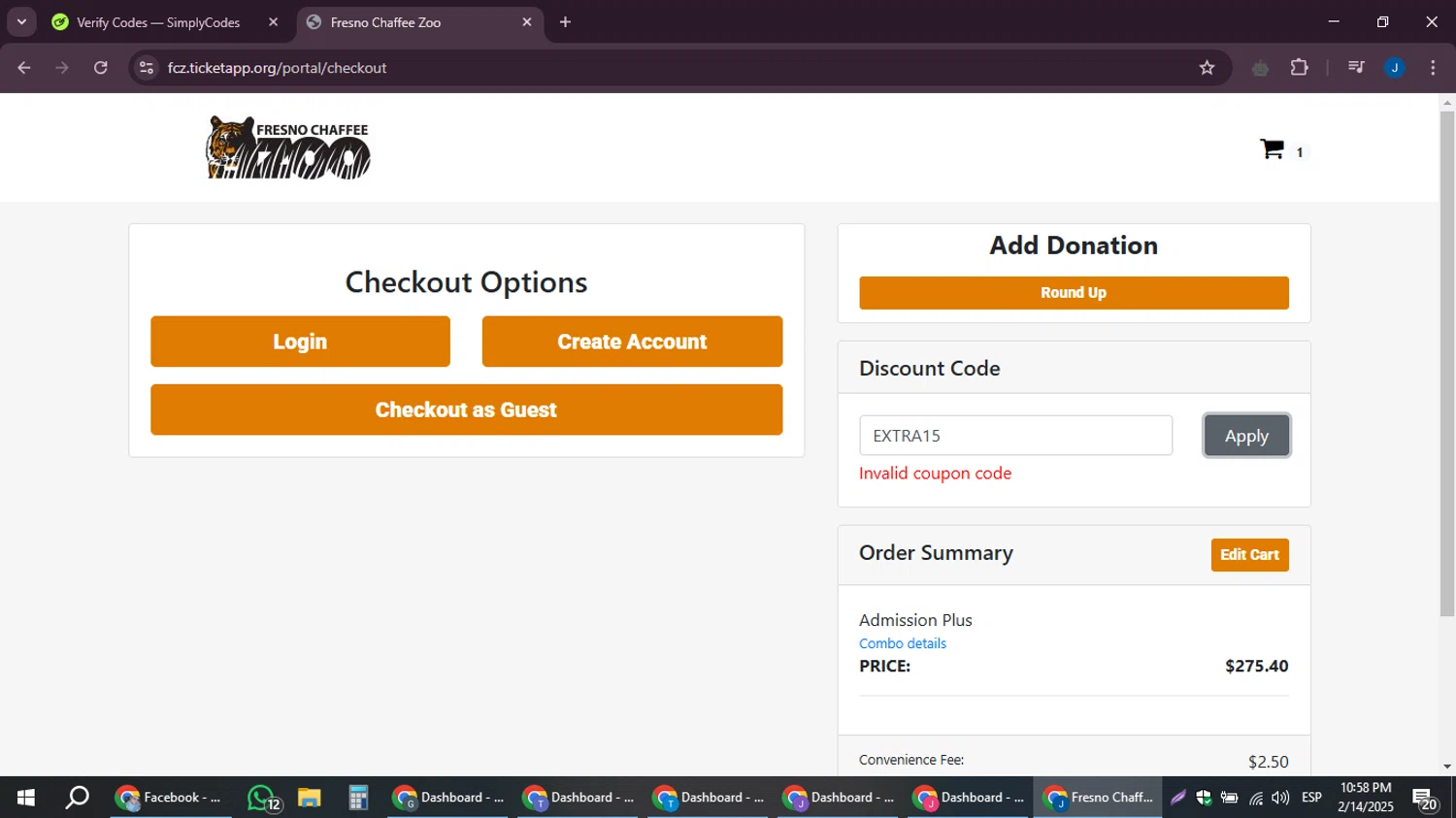Fresno Chaffee Zoo discount code screenshot showing code EXTRA15 applied at Fresno Chaffee Zoo checkout page. Uploaded by SimplyCodes community member noesmith34ur on Feb 15, 2025
