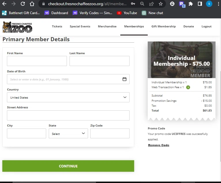 Fresno Chaffee Zoo checkout page showing Fresno Chaffee Zoo discount code box | Screenshot taken by SimplyCodes community member on Apr 4, 2023