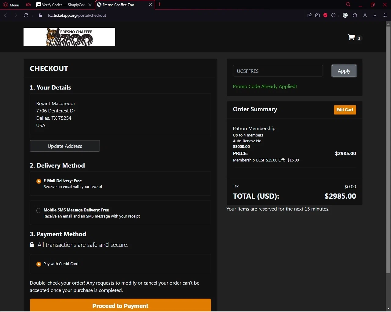 Fresno Chaffee Zoo checkout page showing Fresno Chaffee Zoo discount code box | Screenshot taken by SimplyCodes community member on Aug 5, 2023