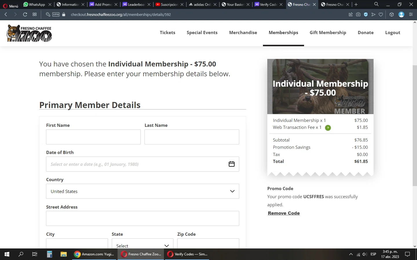 Fresno Chaffee Zoo checkout page showing Fresno Chaffee Zoo discount code box | Screenshot taken by SimplyCodes community member on Apr 17, 2023