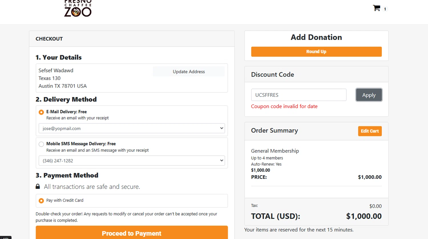 Fresno Chaffee Zoo discount code screenshot showing code UCSFFRES applied at Fresno Chaffee Zoo checkout page. Uploaded by SimplyCodes community member MoneyScout2554 on Mar 8, 2025