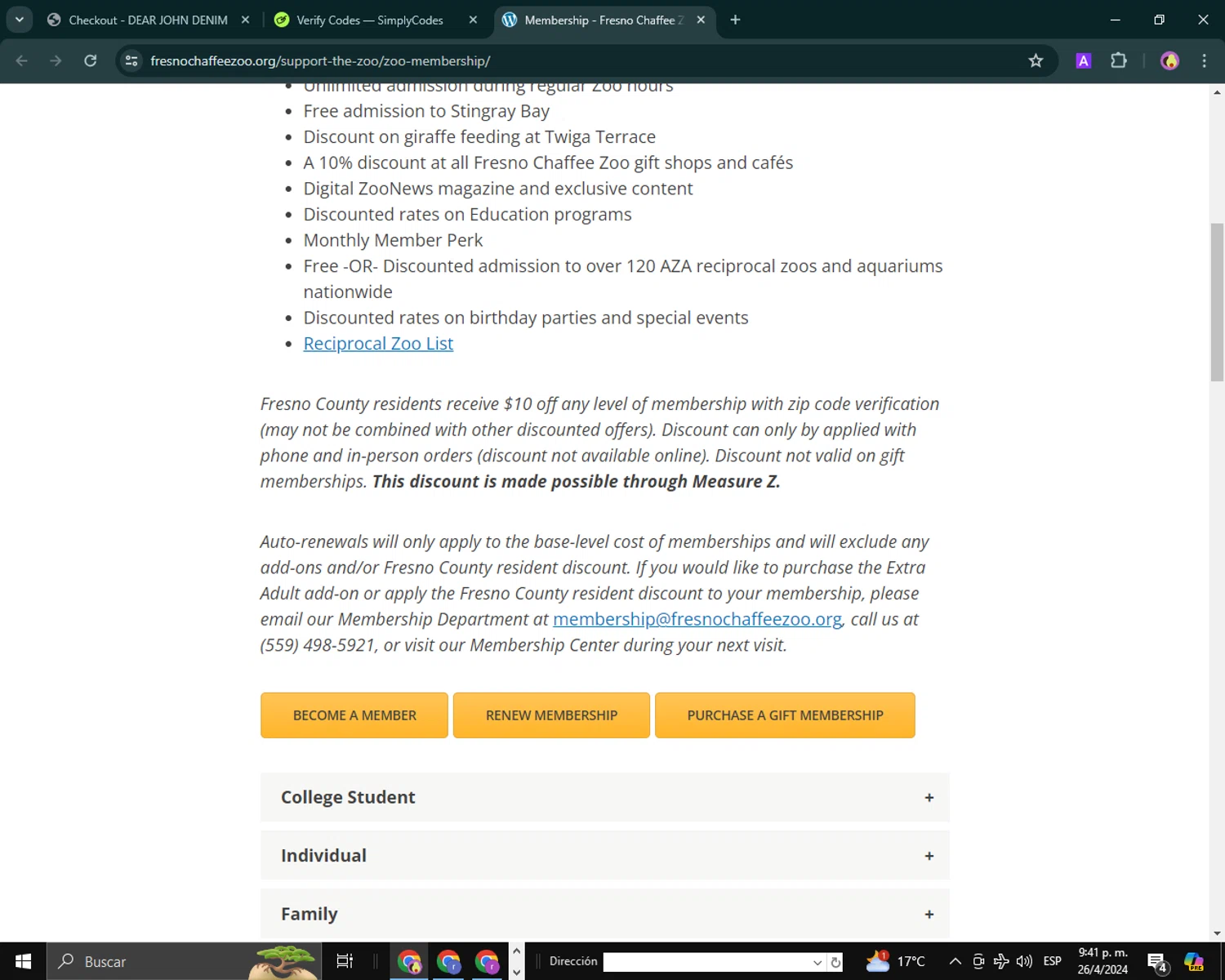 Fresno Chaffee Zoo checkout page showing Fresno Chaffee Zoo discount code box | Screenshot taken by SimplyCodes community member on Apr 27, 2024