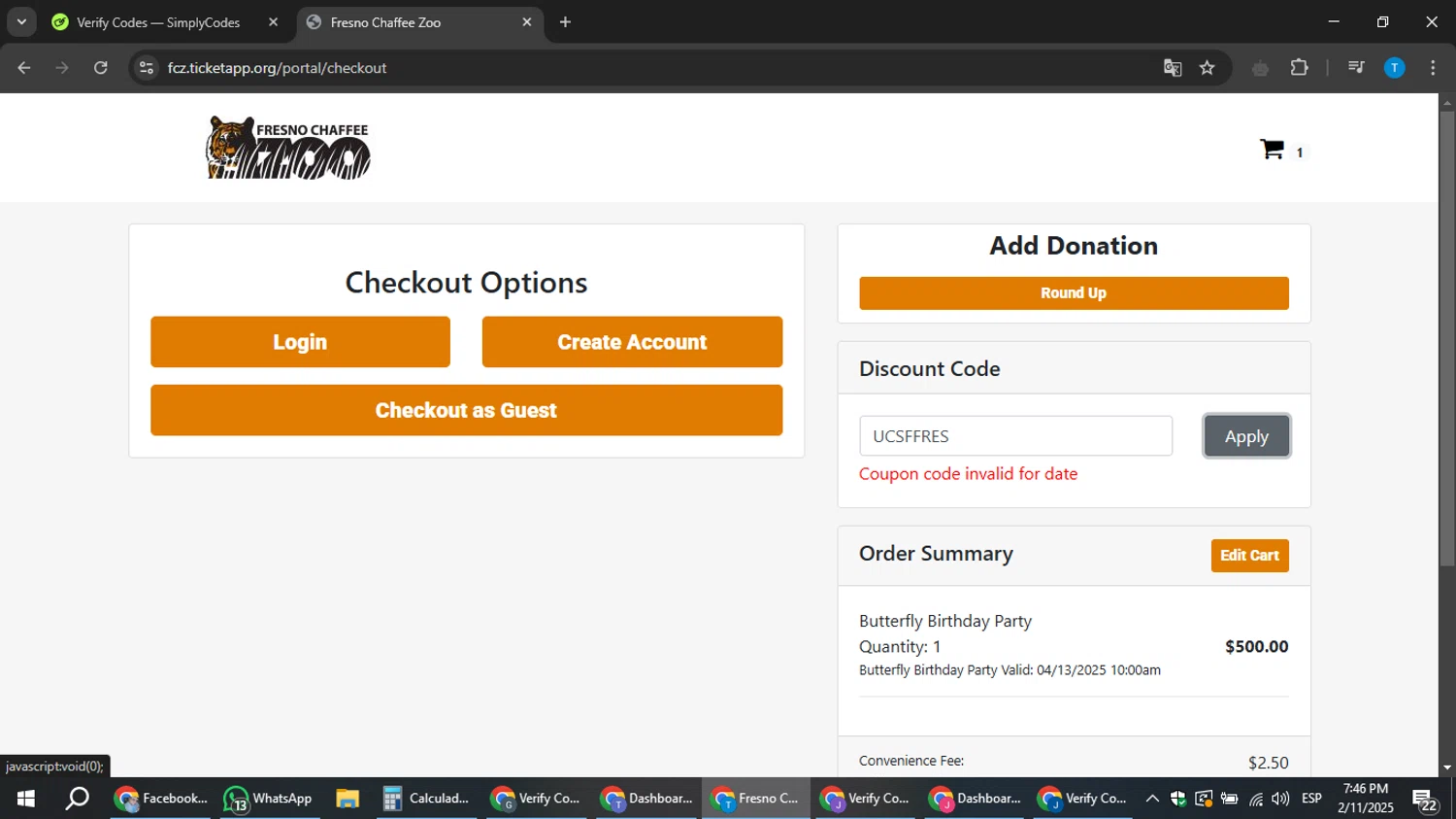 Fresno Chaffee Zoo discount code screenshot showing code UCSFFRES applied at Fresno Chaffee Zoo checkout page. Uploaded by SimplyCodes community member hankt1521 on Feb 11, 2025