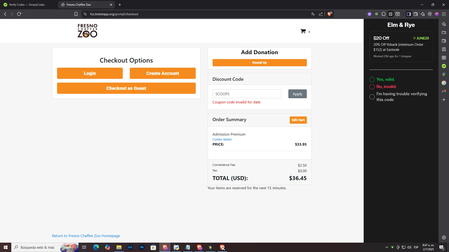 Fresno Chaffee Zoo discount code screenshot showing code SCOOPS applied at Fresno Chaffee Zoo checkout page. Uploaded by SimplyCodes community member NobleLegend6162 on Jul 2, 2025
