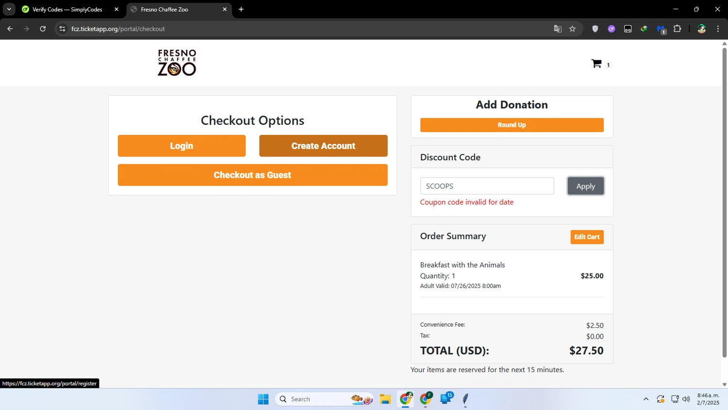 Fresno Chaffee Zoo discount code screenshot showing code SCOOPS applied at Fresno Chaffee Zoo checkout page. Uploaded by SimplyCodes community member franalepe on Jul 2, 2025