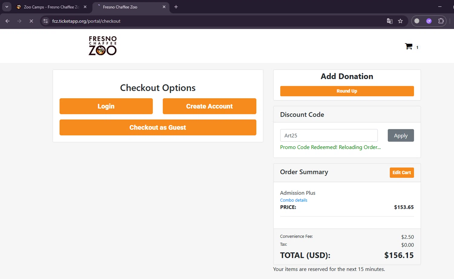 Fresno Chaffee Zoo checkout page showing Fresno Chaffee Zoo discount code box | Screenshot taken by SimplyCodes community member on Aug 1, 2025