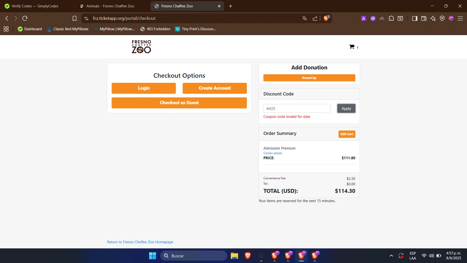 Fresno Chaffee Zoo discount code screenshot showing code Art25 applied at Fresno Chaffee Zoo checkout page. Uploaded by SimplyCodes community member TokenTitan4464 on Aug 8, 2025