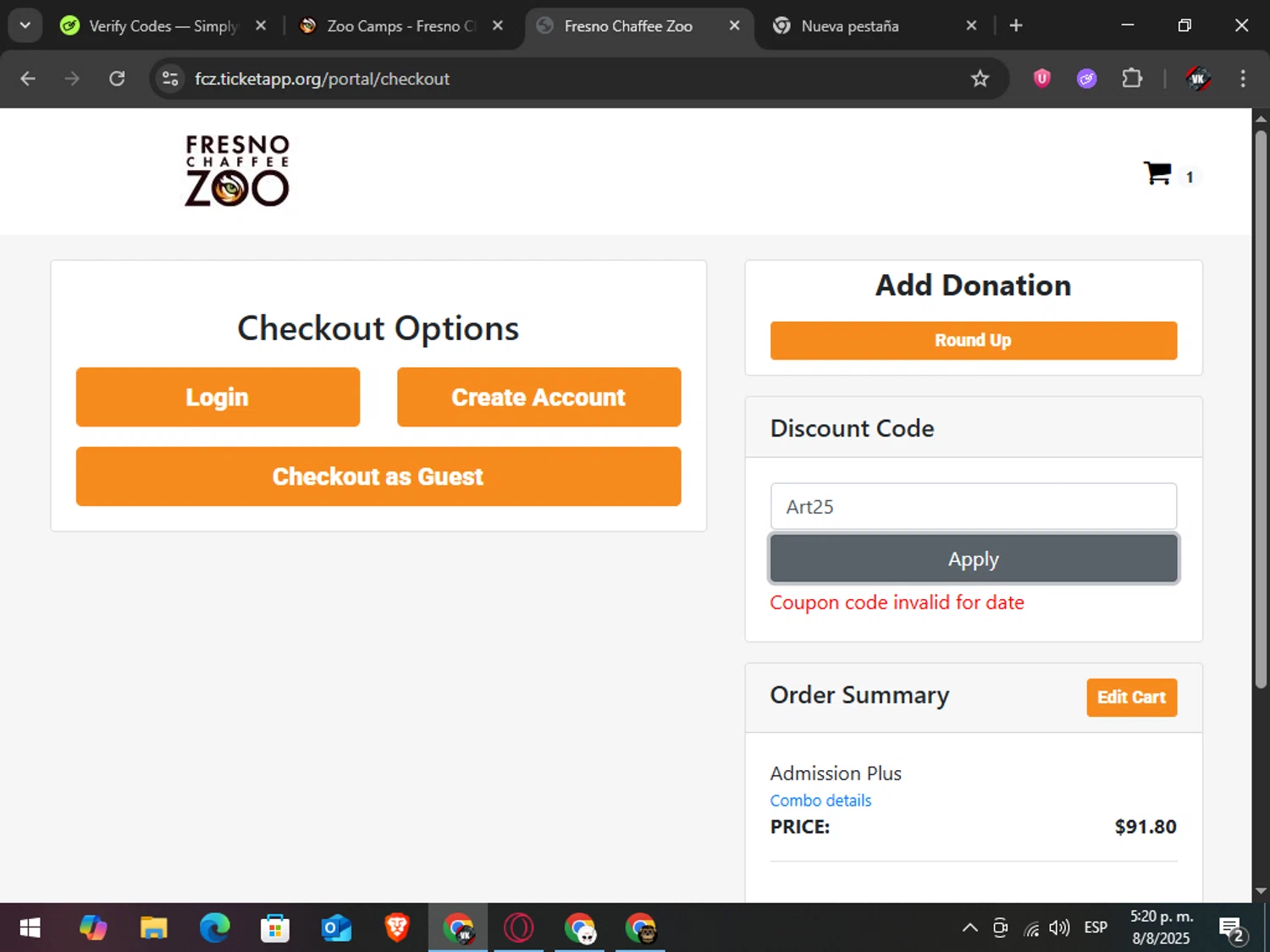 Fresno Chaffee Zoo discount code screenshot showing code Art25 applied at Fresno Chaffee Zoo checkout page. Uploaded by SimplyCodes community member TreasureAdmiral6867 on Aug 8, 2025