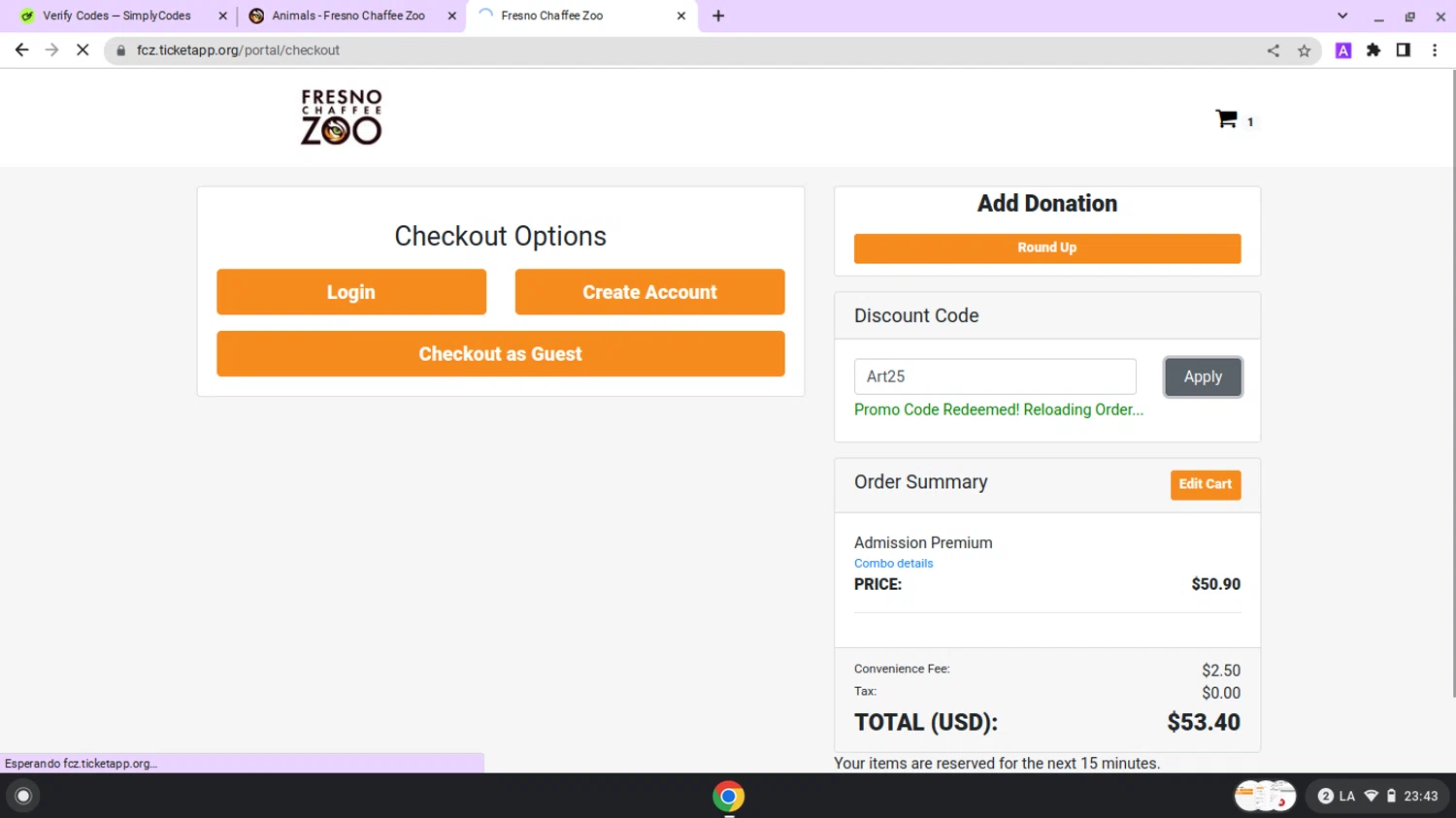 Fresno Chaffee Zoo checkout page showing Fresno Chaffee Zoo discount code box | Screenshot taken by SimplyCodes community member on Jun 26, 2025