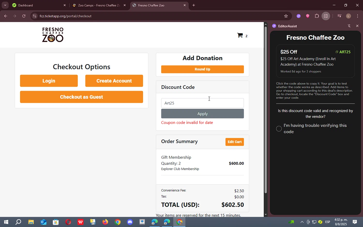 Fresno Chaffee Zoo discount code screenshot showing code Art25 applied at Fresno Chaffee Zoo checkout page. Uploaded by SimplyCodes community member marthairiarte on Aug 8, 2025