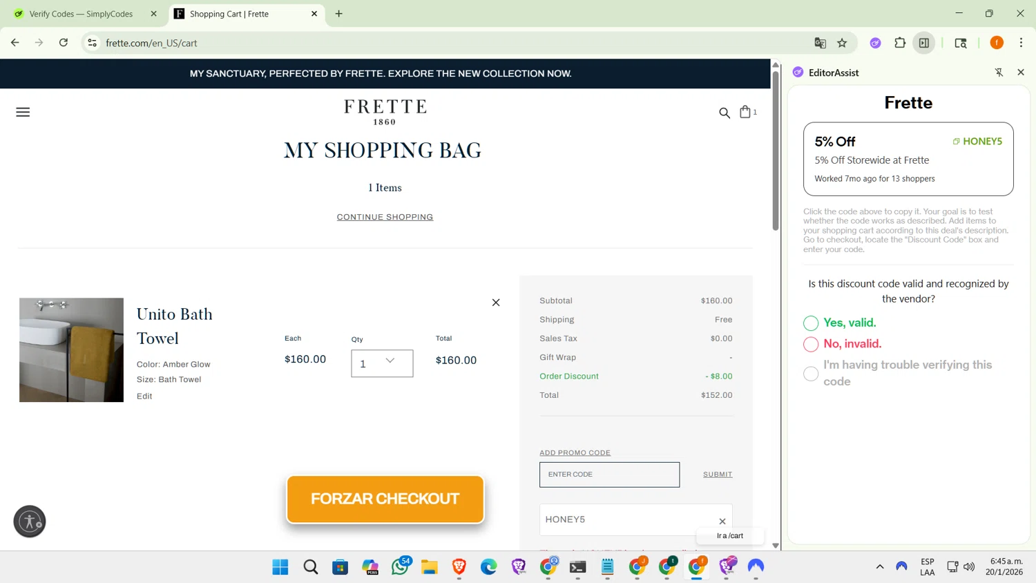 Frette checkout page showing Frette coupon code box | Screenshot taken by SimplyCodes community member on Jan 20, 2026