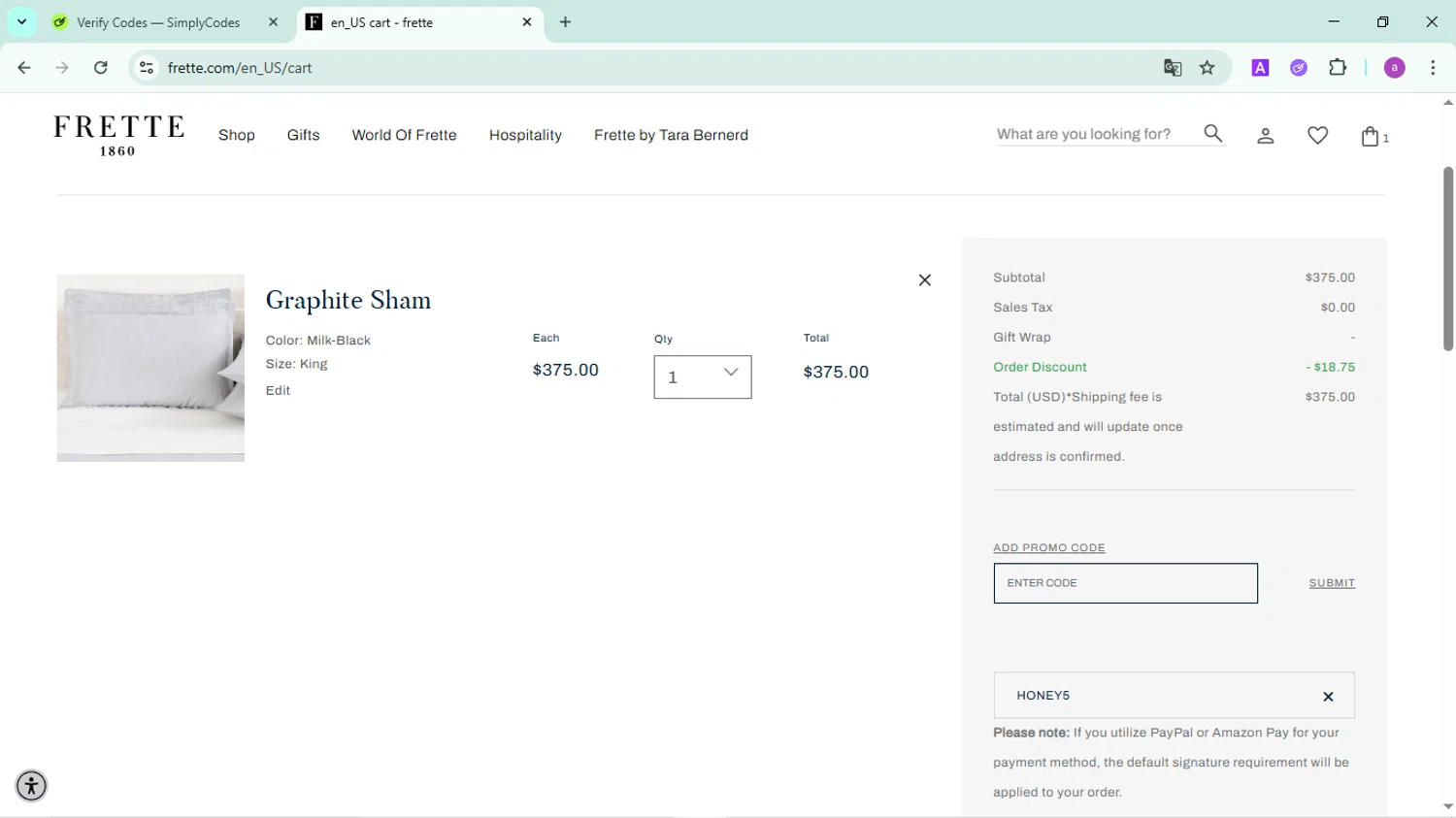 Frette coupon code screenshot showing code honey5 applied at Frette checkout page. Uploaded by SimplyCodes community member FortunatePilot2384 on Jun 5, 2025