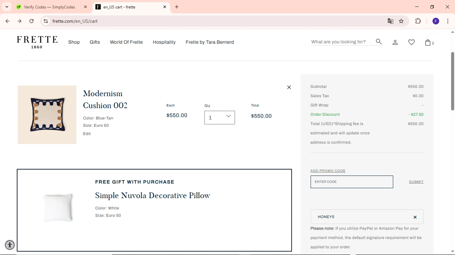 Frette coupon code screenshot showing code honey5 applied at Frette checkout page. Uploaded by SimplyCodes community member MightyCaptain635 on Apr 8, 2025