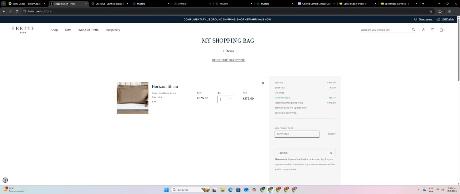 Frette coupon code screenshot showing code honey5 applied at Frette checkout page. Uploaded by SimplyCodes community member yosuethgotopo on Mar 10, 2025