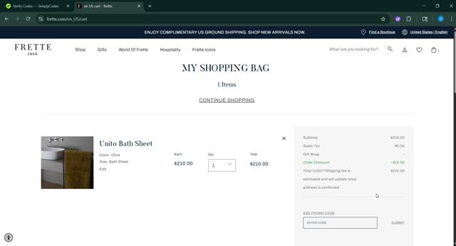 Frette checkout page showing Frette coupon code box | Screenshot taken by SimplyCodes community member on Sep 23, 2025