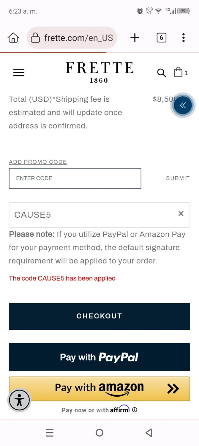 Frette coupon code screenshot showing code CAUSE5 applied at Frette checkout page. Uploaded by SimplyCodes community member Anthony_Diaz on Sep 23, 2025