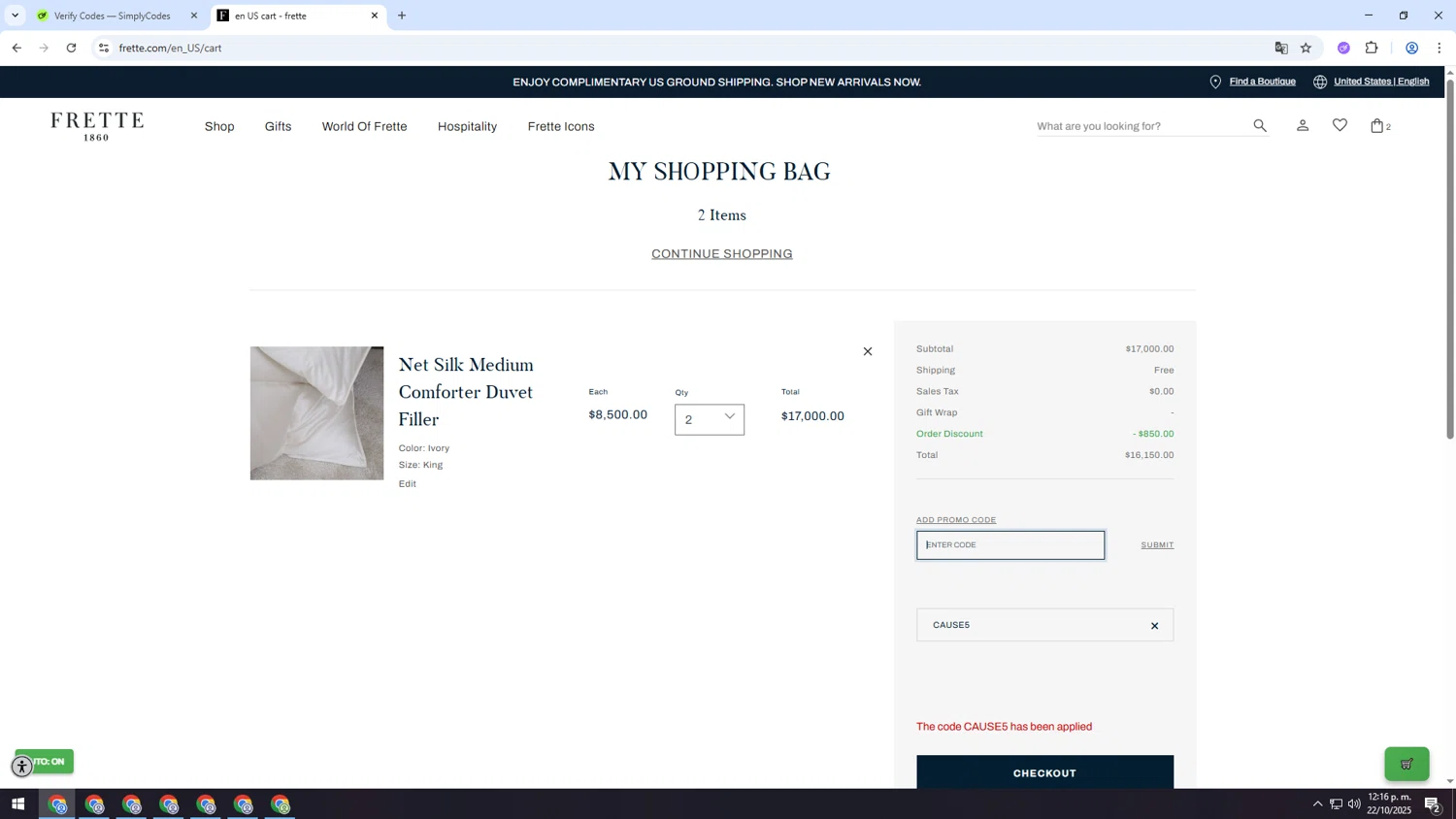 Frette coupon code screenshot showing code CAUSE5 applied at Frette checkout page. Uploaded by SimplyCodes community member INSECTOS on Oct 22, 2025