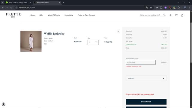 Frette checkout page showing Frette coupon code box | Screenshot taken by SimplyCodes community member on Aug 25, 2025