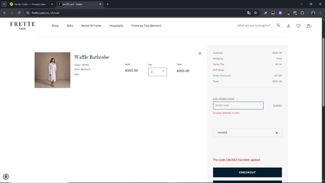 Frette checkout page showing Frette coupon code box | Screenshot taken by SimplyCodes community member on Aug 25, 2025