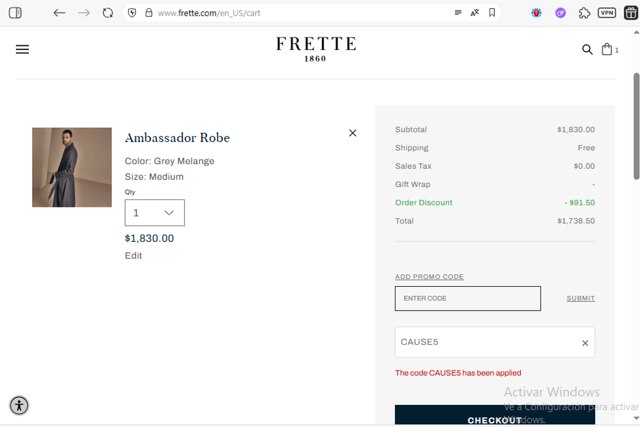 Frette checkout page showing Frette coupon code box | Screenshot taken by SimplyCodes community member on Jul 27, 2025