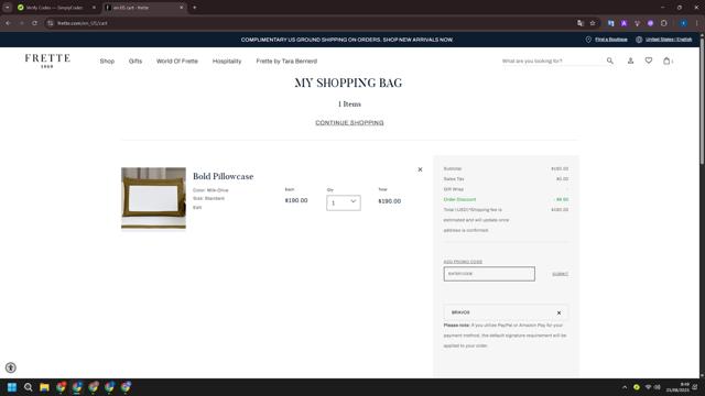 Frette checkout page showing Frette coupon code box | Screenshot taken by SimplyCodes community member on Aug 25, 2025