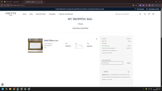 Frette checkout page showing Frette coupon code box | Screenshot taken by SimplyCodes community member on Aug 25, 2025