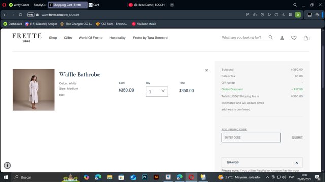 Frette checkout page showing Frette coupon code box | Screenshot taken by SimplyCodes community member on Jun 28, 2025