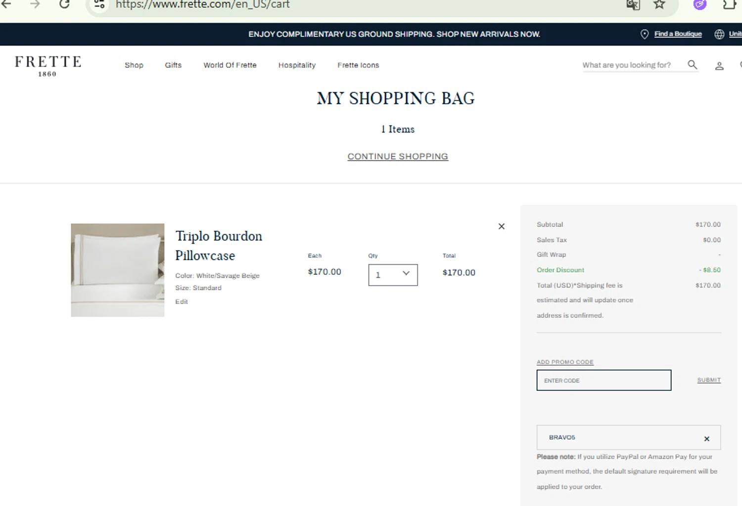 Frette coupon code screenshot showing code BRAVO5 applied at Frette checkout page. Uploaded by SimplyCodes community member RewardFinder4836 on Sep 23, 2025