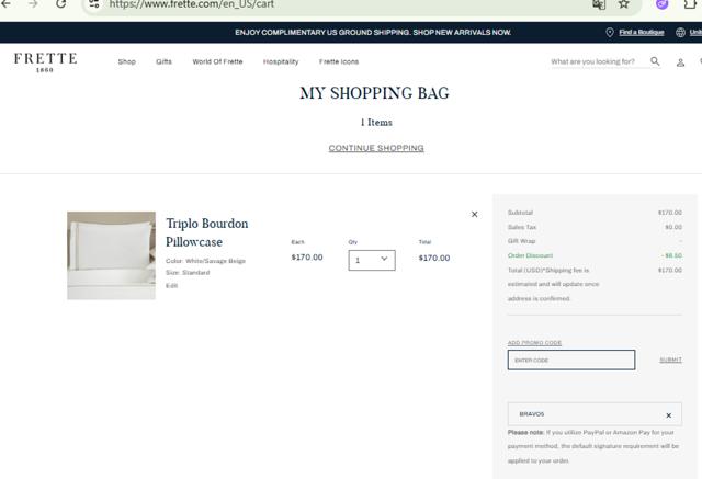 Frette checkout page showing Frette coupon code box | Screenshot taken by SimplyCodes community member on Sep 23, 2025